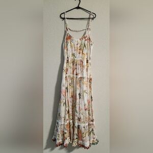 Ranee’s Tropical Tiered Midi Cover-up Dress mini pompoms size small